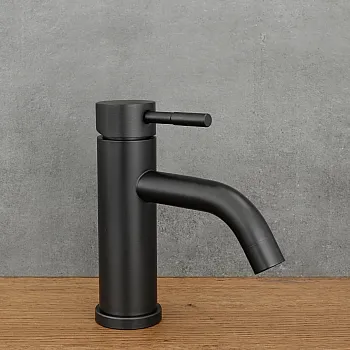 Robinet bas de style rétro en acier inoxydable, couleur noir mat, hauteur 17 cm, longueur du bec 9,5 cm