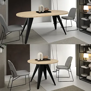 Rund uttrekkbar spisebord, diameter 100 cm, utvidet bordlengde 138 cm, 176 cm, høyde 76 cm, metallben svart eller hvit, laminatplate, ulike fargevalg