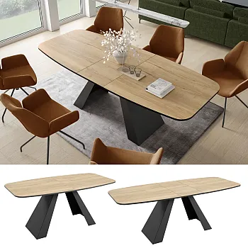 Produžni zaobljeni pravokutni blagovaonski stol - 180/220 cm, širina: 90 cm, visina 76 cm, modernih crnih metalnih nogu, izdržljiva laminirana ploča u 6 opcija boja