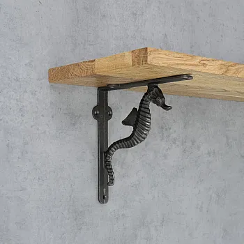 Gietijzeren plankdrager, beugel, hoogte 18 cm, lengte 18 cm, zeepaardmotief, set van 2 stuks
