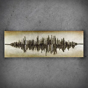 Art mural metàl·lic 3D - paisatge urbà amb reflex d&amp;amp;#039;aigua, decoració moderna industrial, horitzontal, dimensions 180x56 cm