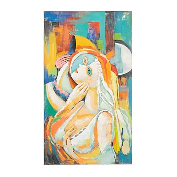 Absztrakt női portré élénk színekben – modern figuratív fali dekoráció, nagy méret, szélesség 70 cm, magasság 120 cm, súly 8,5 kg, álló tájolás