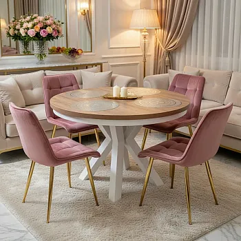 Ronnen auszéierbare Iessdësch, 2 Gréissten an engem Dësch, Duerchmiesser 120 cm, verlängert Dëschtlängt 158 cm an 196 cm, schwaarz oder wäiss Metallsbeen, Laminatplack a Faarwen schwaarz, wäiss, Eech, Marmer, Beton
