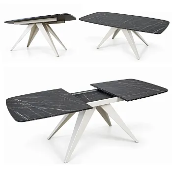 Išskleidžiamas stačiakampis valgomojo stalas su užapvalintais kampais, ilgis nuo 160 iki 198 cm, plotis 80 cm, aukštis 76 cm, modernios juodos metalinės kojos, patvarus laminuotas stalviršis, galimas 7 spalvų pasirinkimas