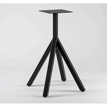 Base per tavolo di design in metallo con colonna centrale e quattro gambe di supporto inclinate, altezza 72 cm, dimensioni della base inferiore 43x43 cm, colore nero, per piani fino a 70x70 cm