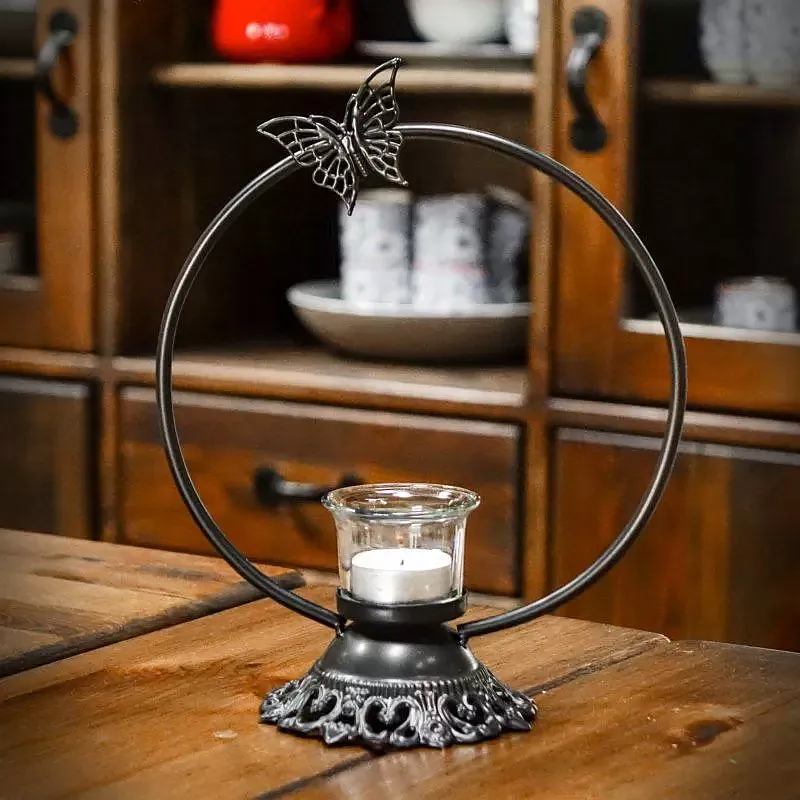 Metallkerzenhalter mit rundem Griff und Schmetterling, schwarze