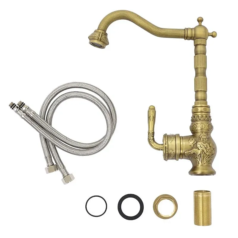 Rubinetto cucina ottone antico, rubinetto lavabo alto retrò, miscelatore a due maniglie lavandino bagno, miscelatore alta pressione rubinetto lavello cucina, rubinetto lavello girevole 360