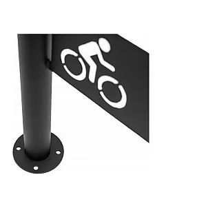 Suport metalic exterior pentru parcarea bicicletelor cu logo, fabricat din oțel, culoare neagră, dimensiuni 80x80 cm