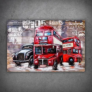 3D kovové umelecké dielo s obrázkom živého červeného londýnskeho autobusu, rozmery 120 x 60 cm