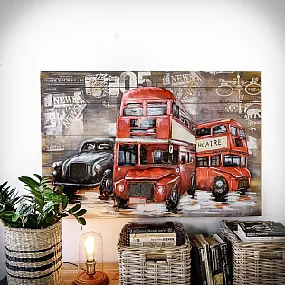 3D kovové umelecké dielo s obrázkom živého červeného londýnskeho autobusu, rozmery 120 x 60 cm
