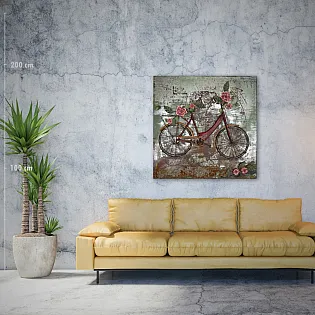3D kovová nástěnná kresba Retro dámské kolo s květinami, rozměry 100x100cm, váha 10 kg