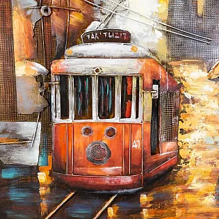 3D lakování na kov tramvaj při západu slunce 100x100cm