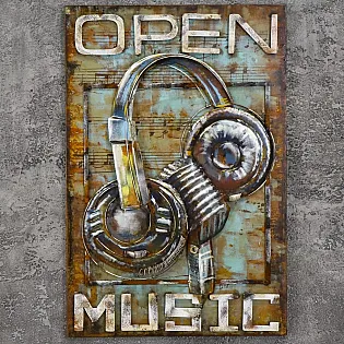 3D metāla mākslas darbs Mikrofons un austiņas Open Music, izmēri 60x90cm
