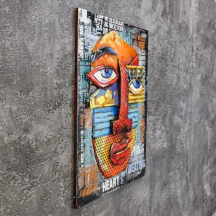 Œuvre dart en métal 3D Face de style cubiste, hauteur 90 cm, largeur 60 cm
