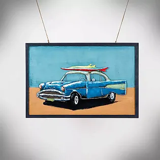 Arte em metal 3D Praia e um carro retro com prancha de surf no tejadilho, altura 60 cm, largura 90 cm