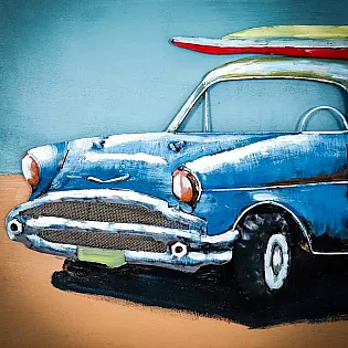 Œuvre dart en métal 3D Plage et voiture rétro avec planche de surf sur le toit, hauteur 60 cm, largeur 90 cm