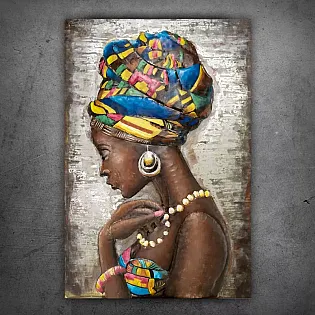 3D kovová maľba na stenu Krása africkej ženy, rozmery 120x70cm, váha 10 kg