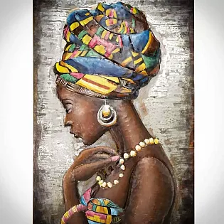 3D kovová maľba na stenu Krása africkej ženy, rozmery 120x70cm, váha 10 kg