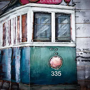 Artă urbană 3D din metal, Tramvaiul nr. 22 pictat în culorile verde și alb, dimensiune 100x100 cm