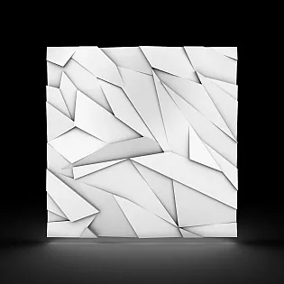 3D dekoratīvie sienas polistirola paneļi ar asiem, leņķveida ģeometriskiem rakstiem un skulpturālu, futūristisku sajūtu, 60x60cm, baltā krāsā, krāsojami, komplekts ar 12 gab. 4,32 m2