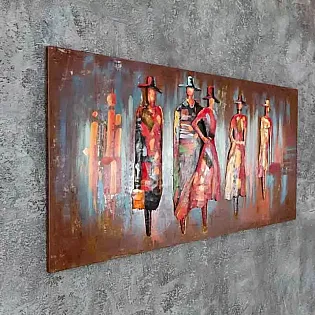 Lucrare de artă metalică 3D de mari dimensiuni, imagine Oameni pe stradă artă de perete vibrantă roșie, dimensiuni 140x70cm