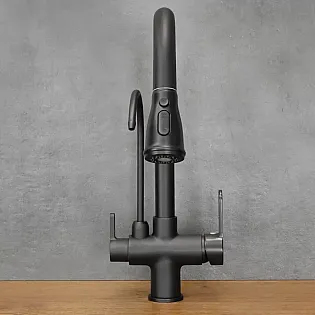 Modern kitchen tap made of brass in elegant black color, 360 degree rotatable, pull-out spout, with additional drinking water spout, height 41 cm, spout length 19 cm