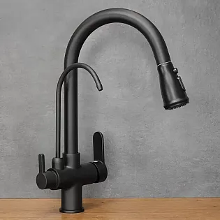 Modern kitchen tap made of brass in elegant black color, 360 degree rotatable, pull-out spout, with additional drinking water spout, height 41 cm, spout length 19 cm