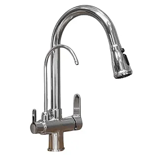 Robinet de cuisine moderne en laiton de couleur chrome, rotatif à 360 degrés, bec extractible, avec bec deau potable supplémentaire, hauteur 41 cm, longueur du bec 19 cm