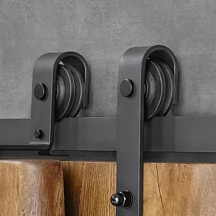Double bypass sliding door system made of steel, for double leaf doors up to 100 kg, length 2 meters, black color, wall mounted