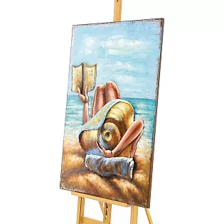 Pictura 3D pe metal, fata pe plaja cu carte, 120x80 cm