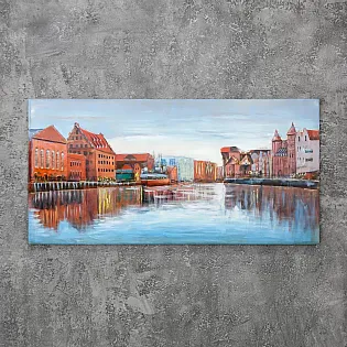 3D kovový nástěnný obraz, nástěnná dekorace, město u řeky, 70x140 cm