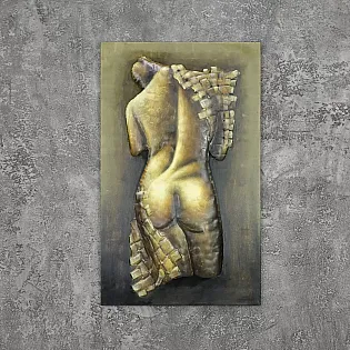 Metalinė 3D sieninė dekoracija, abstraktus menas, nuoga moteris iš nugaros, matmenys 60x100 cm