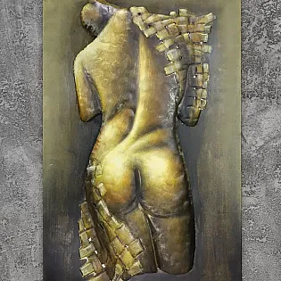 Artă de perete 3D din metal, artă abstractă, femeie nud văzută din spate, dimensiuni 60x100 cm