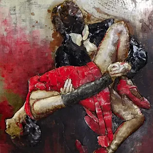 Dans pasional - artă murală metalică 3D imagine cu rochie roșie texturată, dimensiuni 120x80 cm