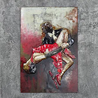 Dans pasional - artă murală metalică 3D imagine cu rochie roșie texturată, dimensiuni 120x80 cm