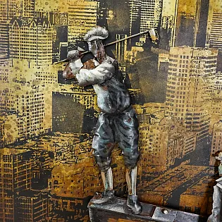 Městská silueta golfu 3D kovový obraz na zeď 100x100 cm, průmyslová městská krajina s postavami, moderní loftová dekorace