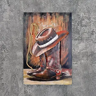 Art mural 3D fet dacer, decoració de paret rústica de loest amb barret de vaquer, botes i corda, alçada 90 cm, amplada 60 cm