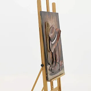 Arte de parede 3D feita de aço, decoração rústica de parede estilo western com chapéu de cowboy, botas e corda, altura 90 cm, largura 60 cm