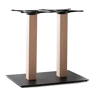 Tafelonderstel van staal met twee ruwe beukenhouten kolommen, hoogte 72 cm 60 cm 106 cm, tafelbladen tot 140x80 cm of Ø120 cm