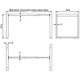 Bordsram av O-typ, justerbar längd från 100 till 160 cm, bredd 60 cm, svart, vit eller grå färg