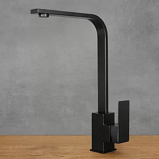 Torneira de cozinha moderna quadrada de aço inoxidável preto fosco, design geométrico minimalista, altura 35,2 cm, comprimento do bico 19,5 cm
