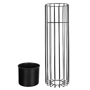 Pot de fleur conçu en métal composé de tiges dacier de couleur noire et dun panier en plastique de couleur noire, largeur 20 cm, hauteur 46 cm