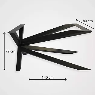 Asymmetric monolithic, artistic metal table frame in black color for large tabletops, height 72 cm, width 80 cm, length 140 cm