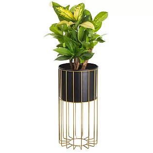 Metal entworf Blummepott aus Stahlstäben gëllen Faarf a Plastikskuerf schwaarz Faarf, Breet 20 cm, Héicht 46 cm