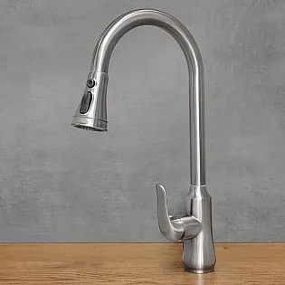 Faucet cistine cruach dhosmálta le spout tarraingt amach, airde 46 cm, fad spout 17,5 cm, dath cruach liath