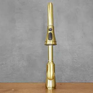 Rubinetto in acciaio inox, bocca estraibile, altezza 46 cm, lunghezza bocca 17,5 cm, colore Ottone Anticato