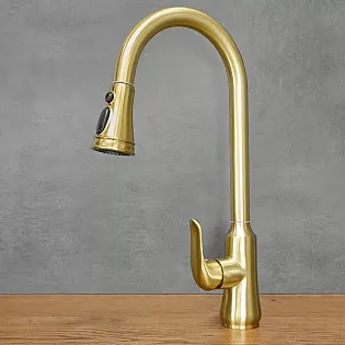 Rubinetto in acciaio inox, bocca estraibile, altezza 46 cm, lunghezza bocca 17,5 cm, colore Ottone Anticato