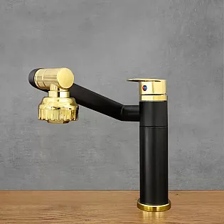 360 Grad drehbarer Küchenhahn aus Edelstahl, Höhe 20,5 cm, Auslauflänge 20 cm, Farbe Schwarz und Gold, poliert, matt