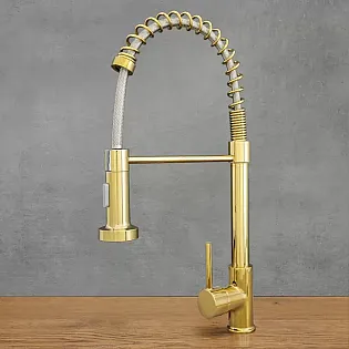 Kuchynská batéria v industriálnom štýle z mosadze s výtokom otočným o 360 stupňov, výška 47 cm, dĺžka výtoku 18 cm, starožitné zlato, leštená