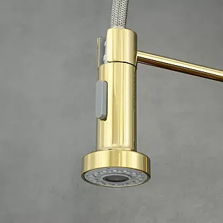 Kuchynská batéria v industriálnom štýle z mosadze s výtokom otočným o 360 stupňov, výška 47 cm, dĺžka výtoku 18 cm, starožitné zlato, leštená